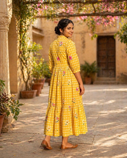 Elegant Floral Checked Midi Dress.