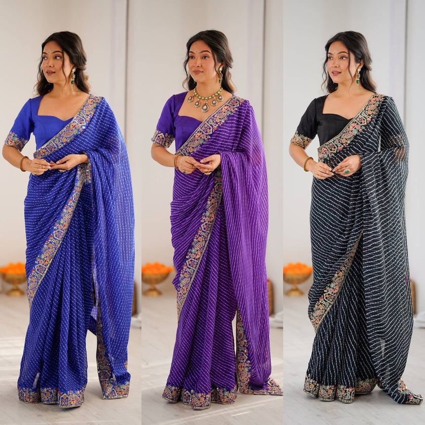 Elegant Purple Leheriya Saree with Rich Embroidered Border.