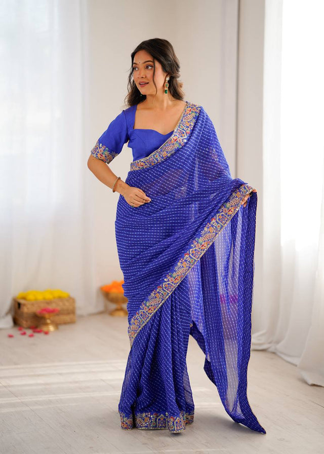 Elegant Purple Leheriya Saree with Rich Embroidered Border.