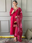 Women’s Pink Embroidered Kurta Pant Set with Floral Organza Dupatta.