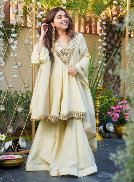 Festive Wear Mirror Work Kurta Palazzo Set.