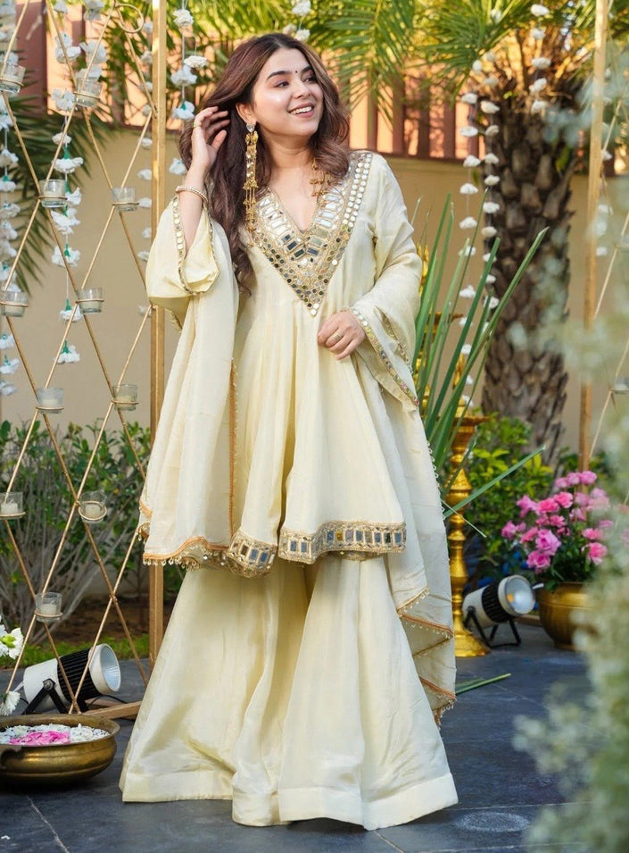 Festive Wear Mirror Work Kurta Palazzo Set.