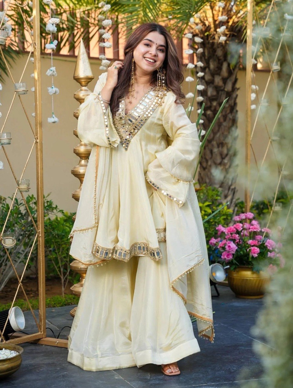 Festive Wear Mirror Work Kurta Palazzo Set.