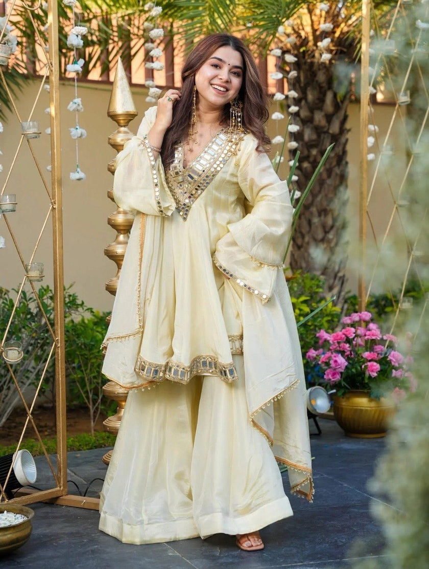 Festive Wear Mirror Work Kurta Palazzo Set.