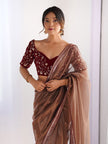 Traditional Brown Saree with Sequence Border Work.