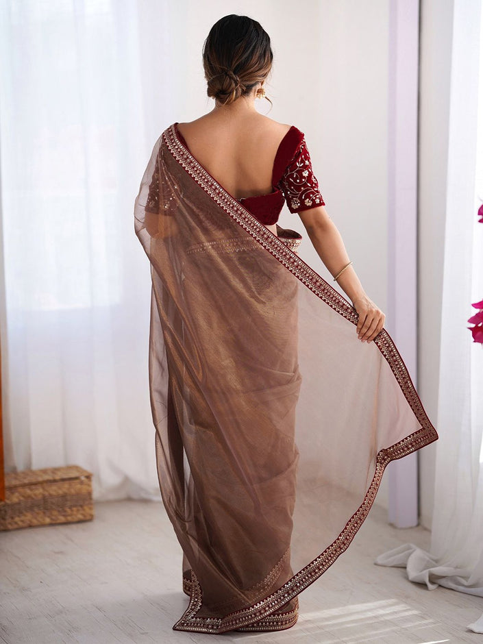 Traditional Brown Saree with Sequence Border Work.