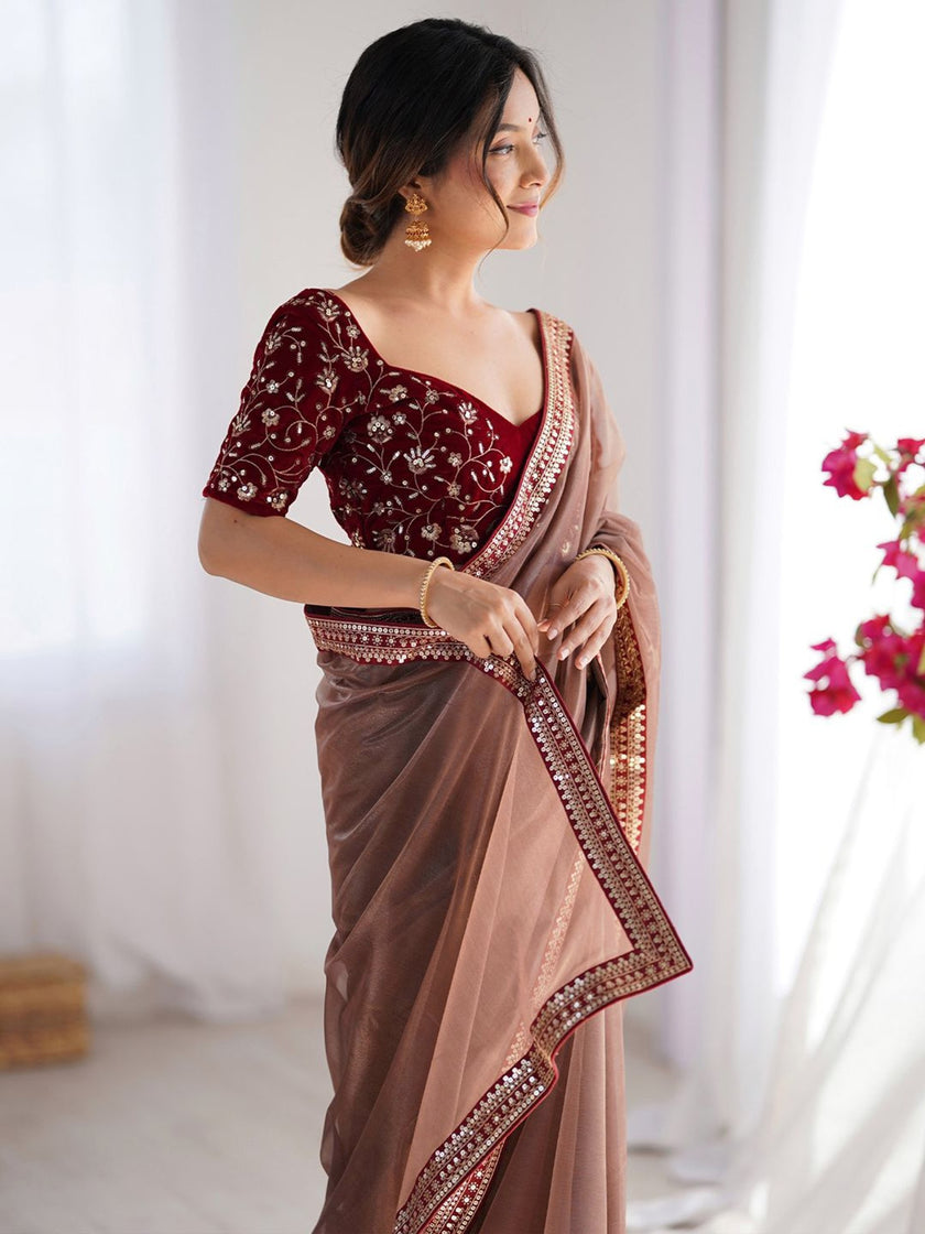 Traditional Brown Saree with Sequence Border Work.