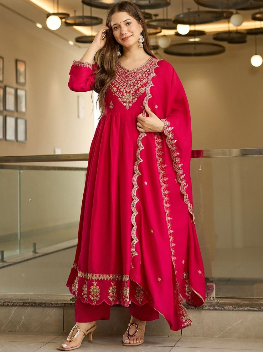Premium Rani Pink Embroidered Ethnic Wear with Designer Dupatta.