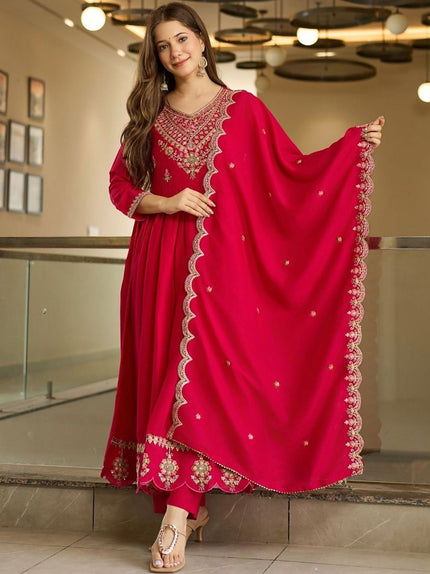 Premium Rani Pink Embroidered Ethnic Wear with Designer Dupatta.