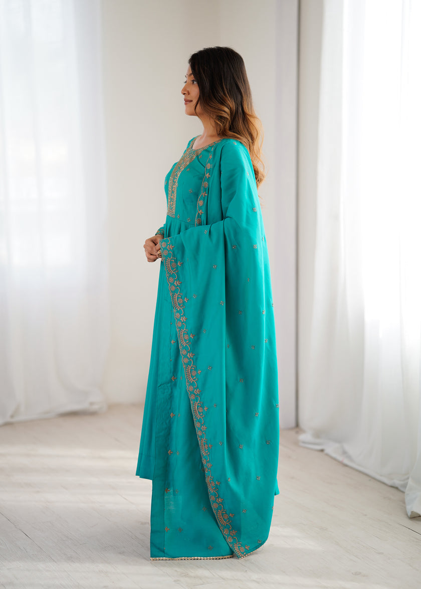 Teal Blue Embroidered Anarkali Kurta Set with Elegant Dupatta for Women.