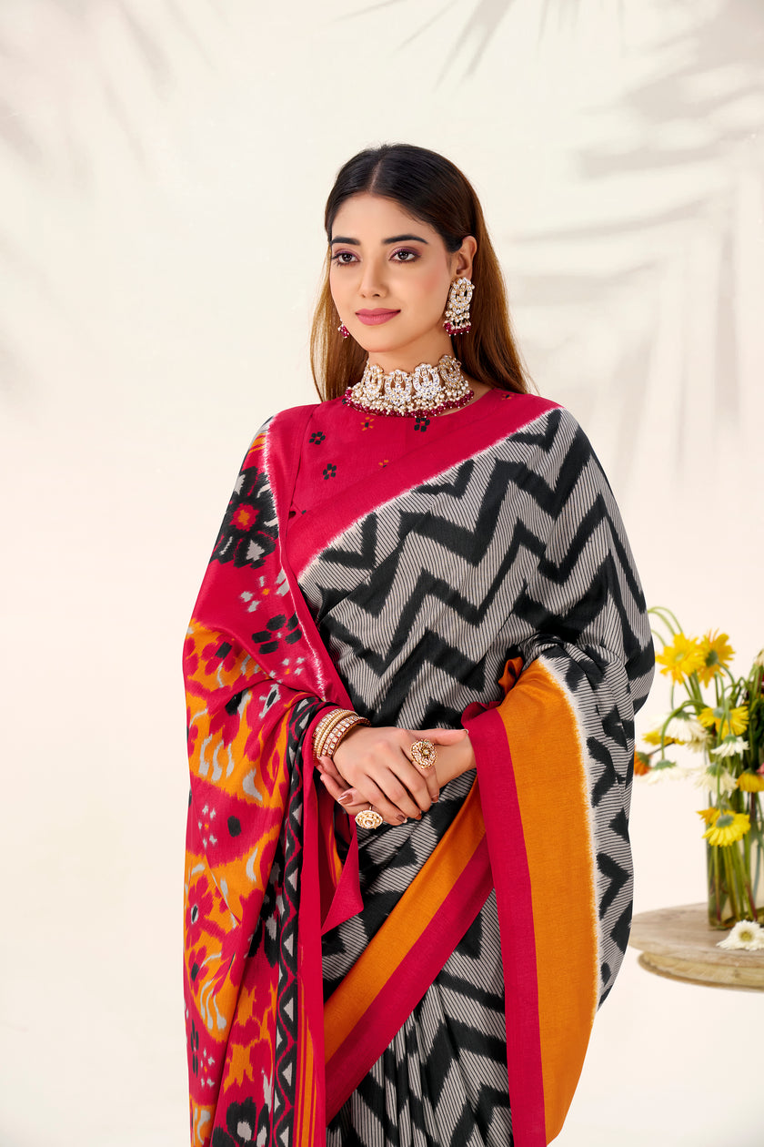 Women’s Ikat Inspired Printed Saree with Designer Pallu.