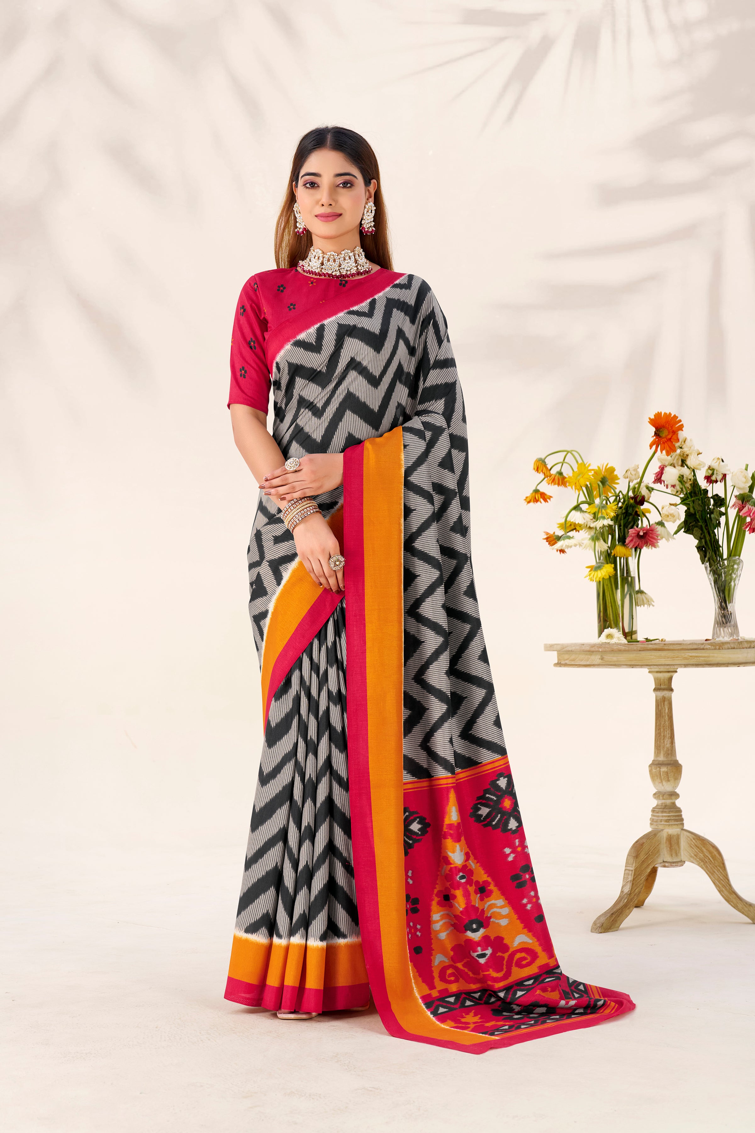 Women’s Ikat Inspired Printed Saree with Designer Pallu.