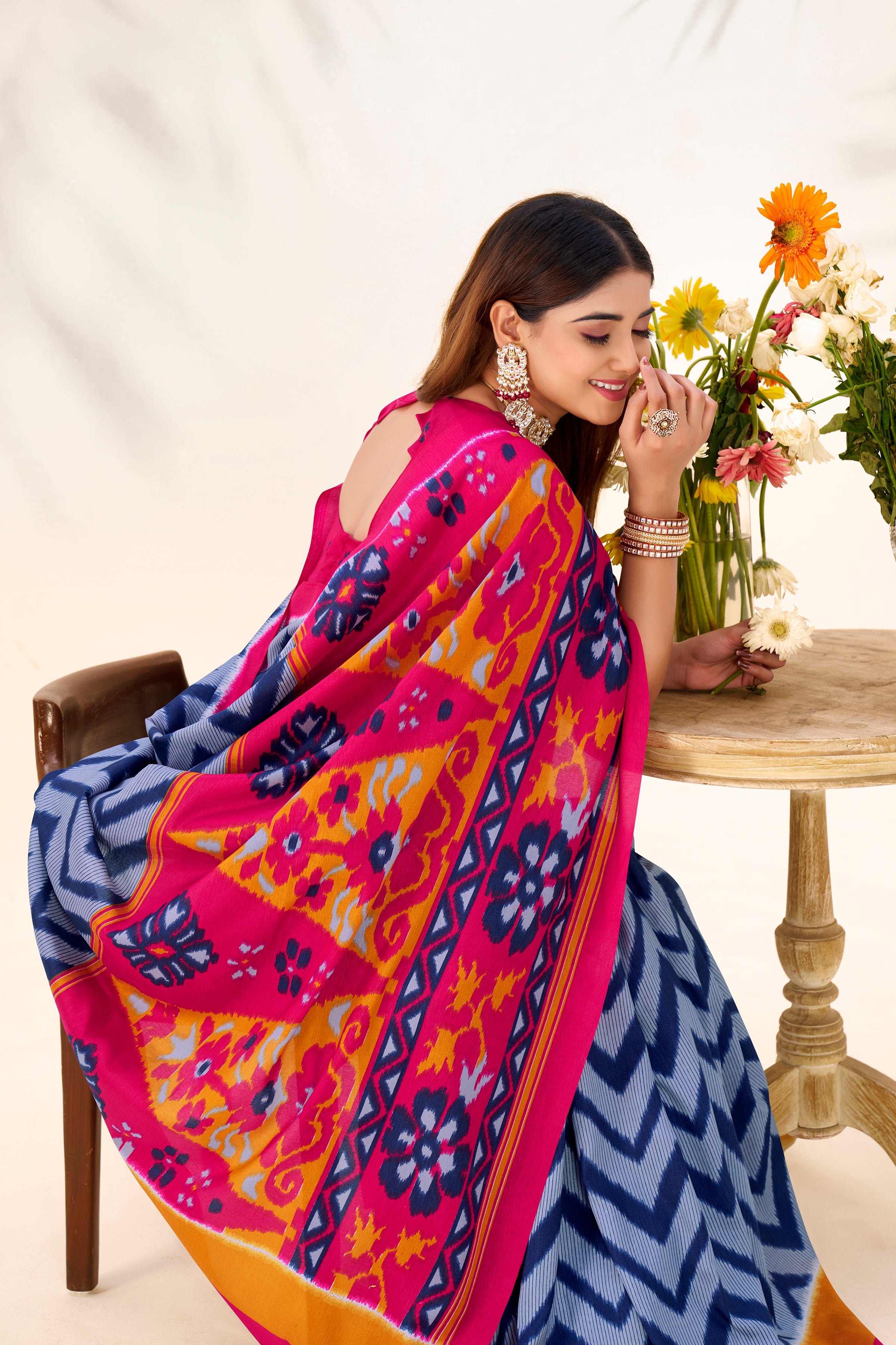 Women’s Ikat Inspired Printed Saree with Designer Pallu.