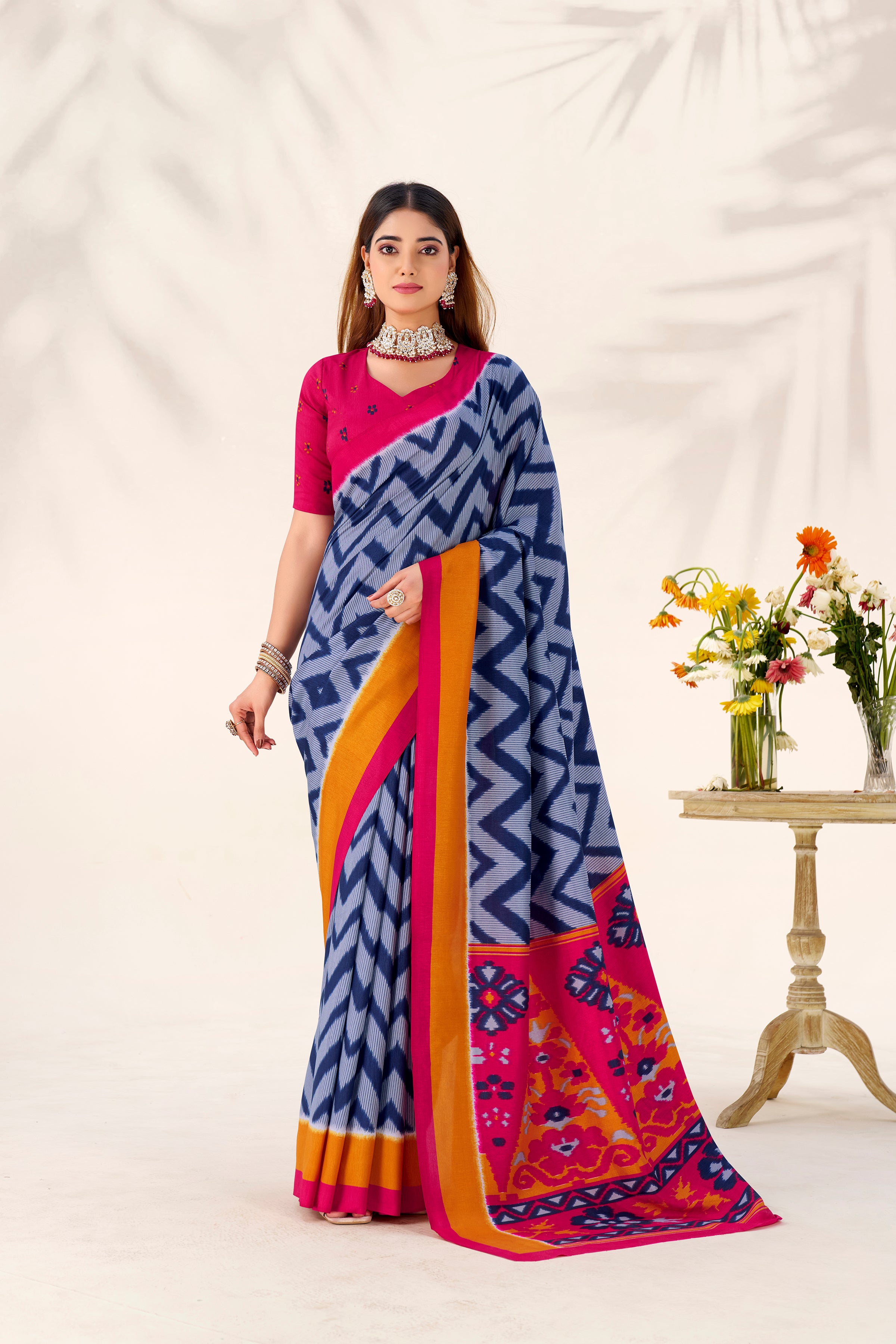 Women’s Ikat Inspired Printed Saree with Designer Pallu.