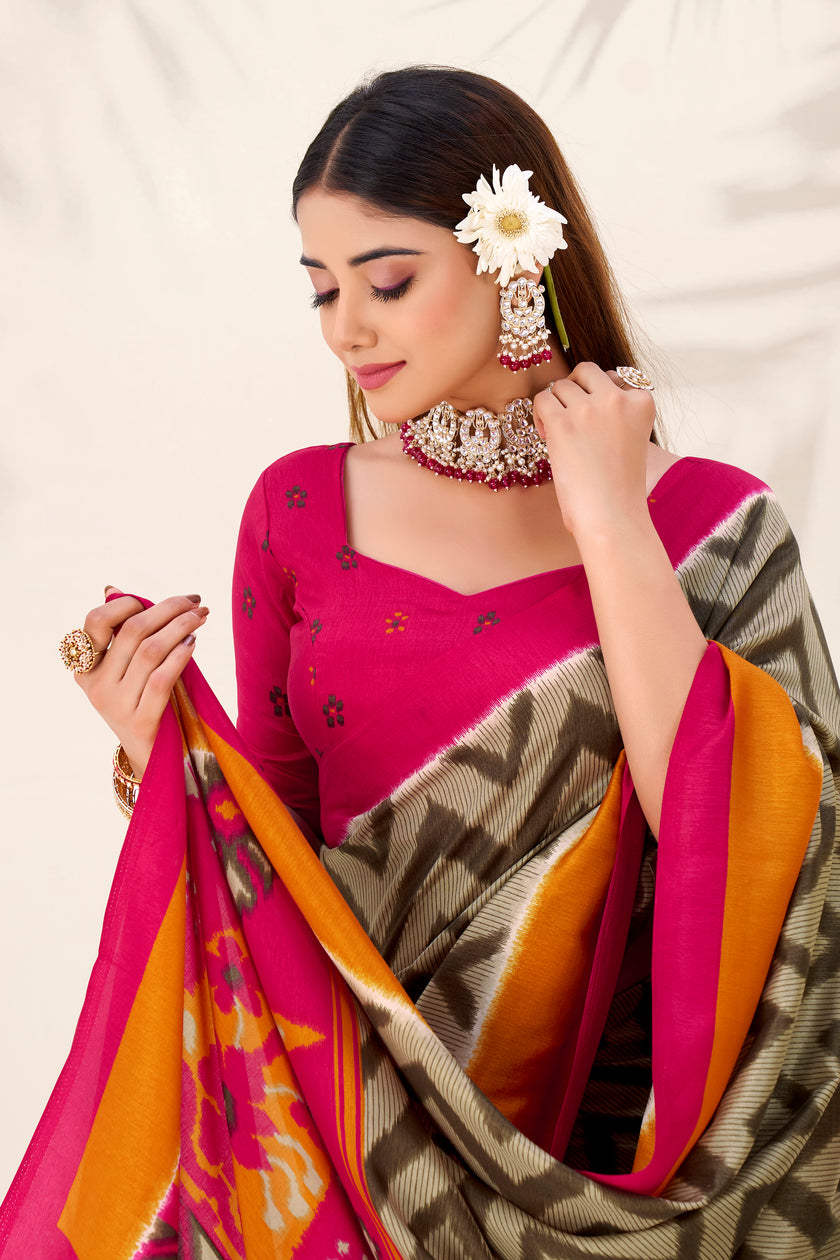 Women’s Ikat Inspired Printed Saree with Designer Pallu.