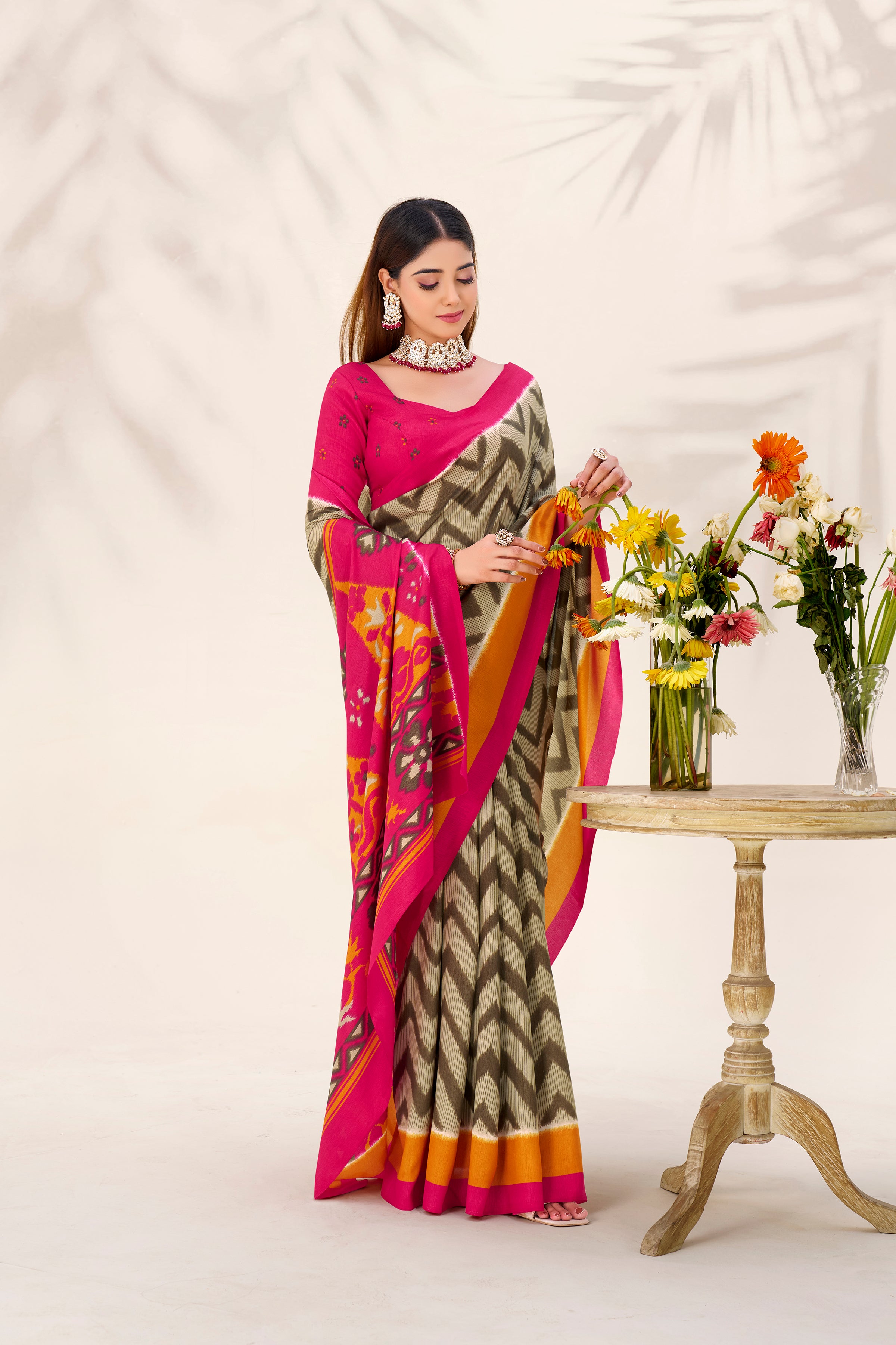 Women’s Ikat Inspired Printed Saree with Designer Pallu.