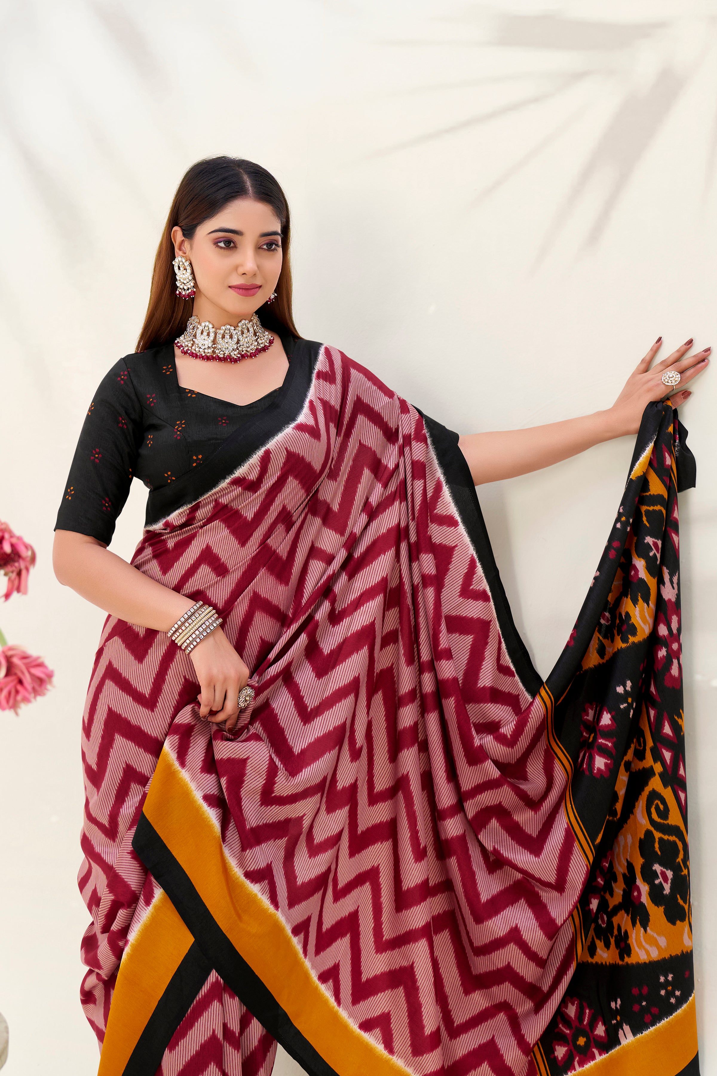 Women’s Ikat Inspired Printed Saree with Designer Pallu.