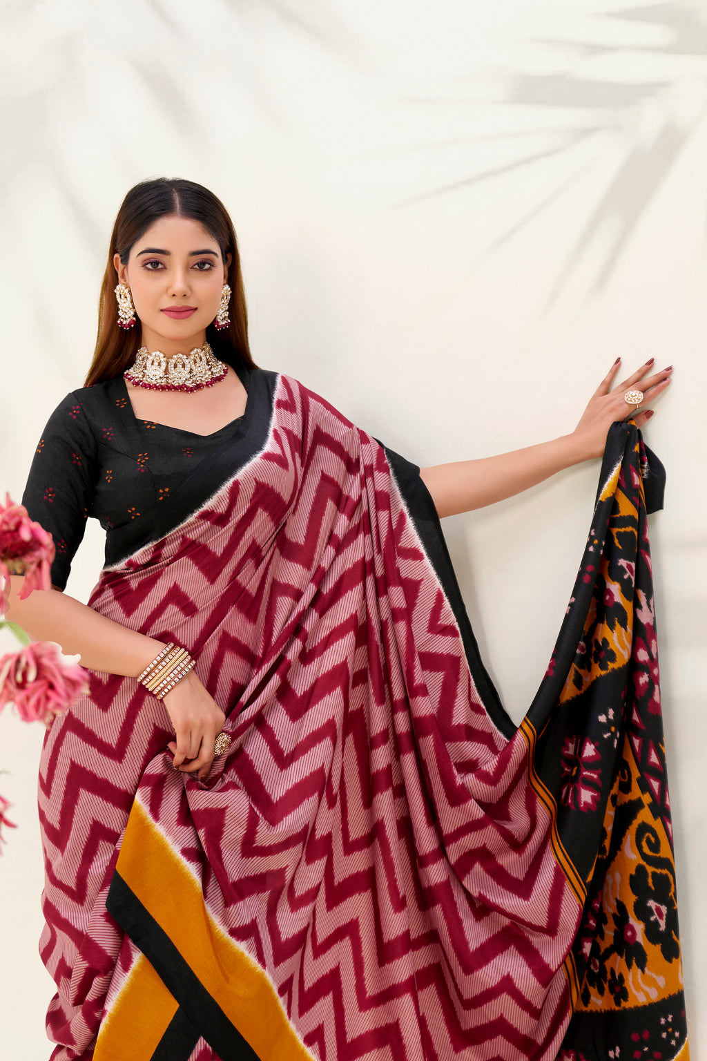 Women’s Ikat Inspired Printed Saree with Designer Pallu.