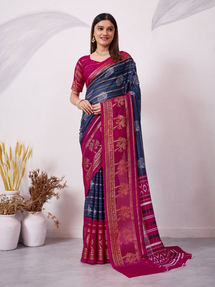 Navy blue and magenta traditional printed saree with gold zari border