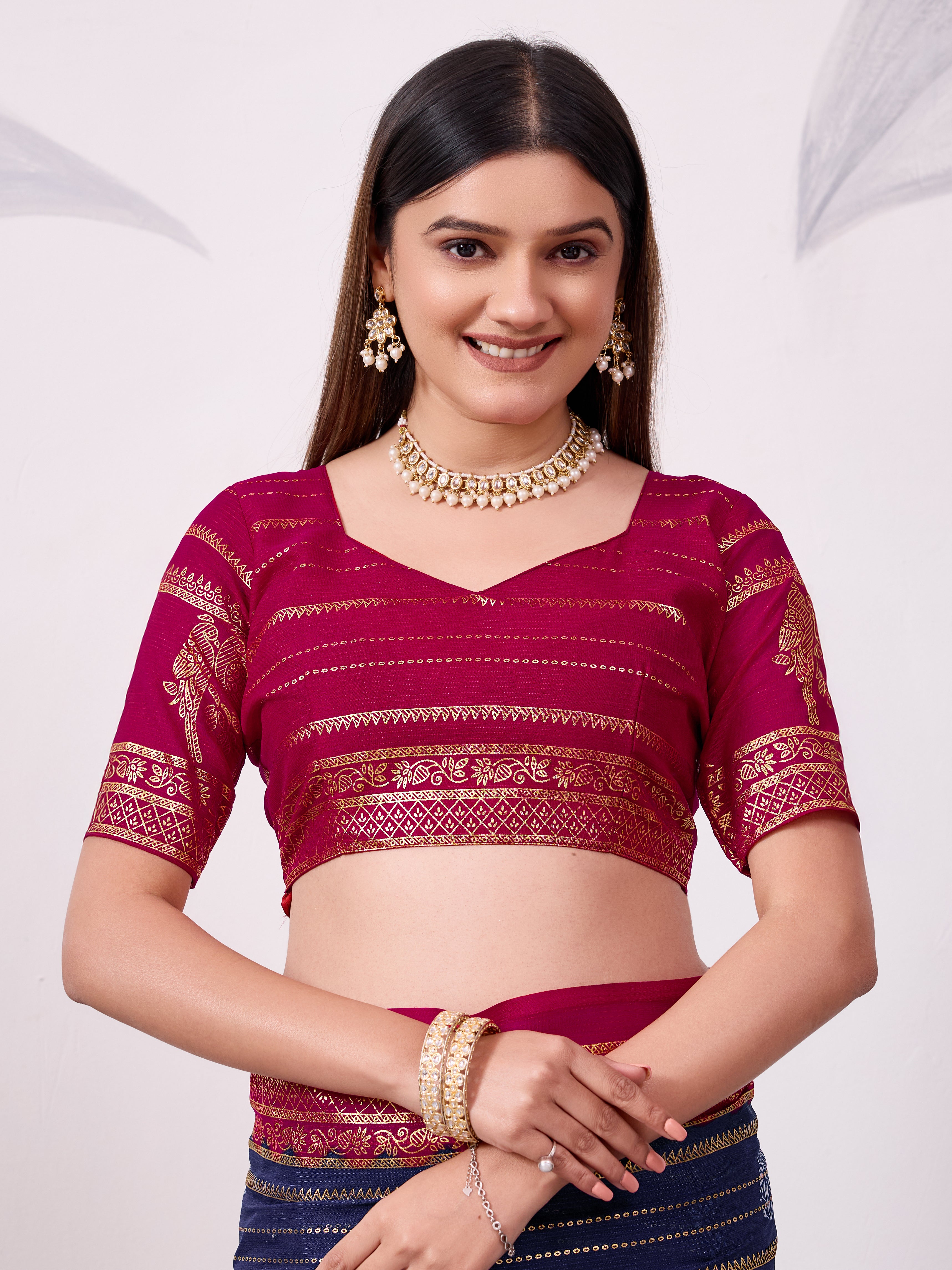 Elegant Printed Saree with Contrast Magenta Pallu