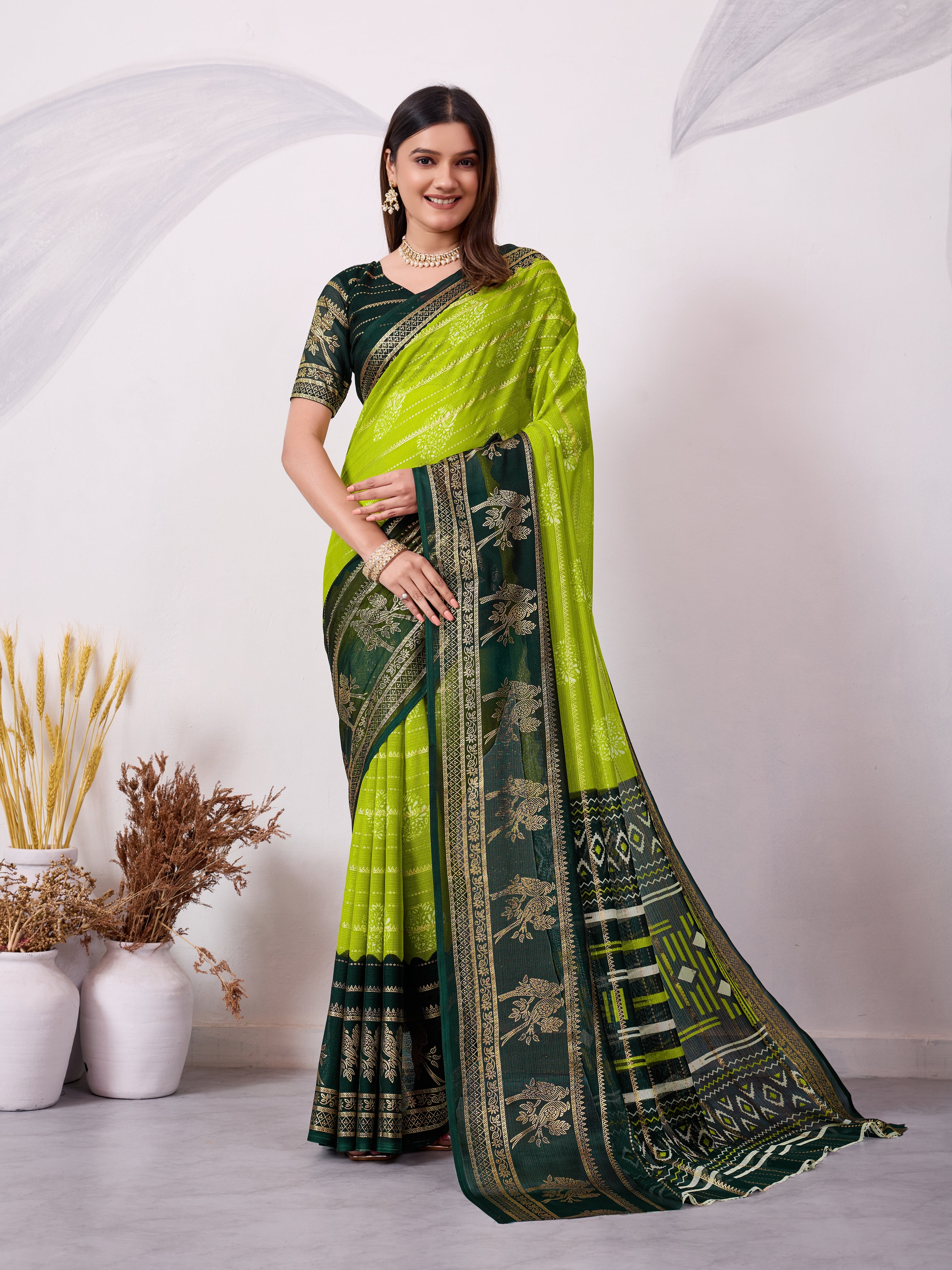 Lemon Green and magenta traditional printed saree with gold zari border