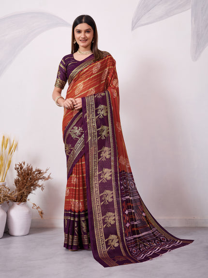 Orange and magenta traditional printed saree with gold zari border