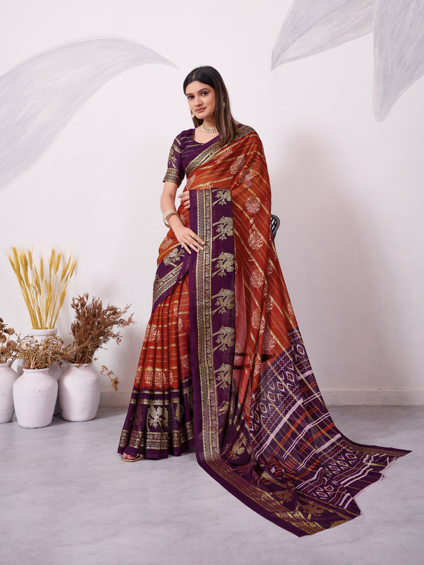 Elegant Printed Saree with Contrast Magenta Pallu