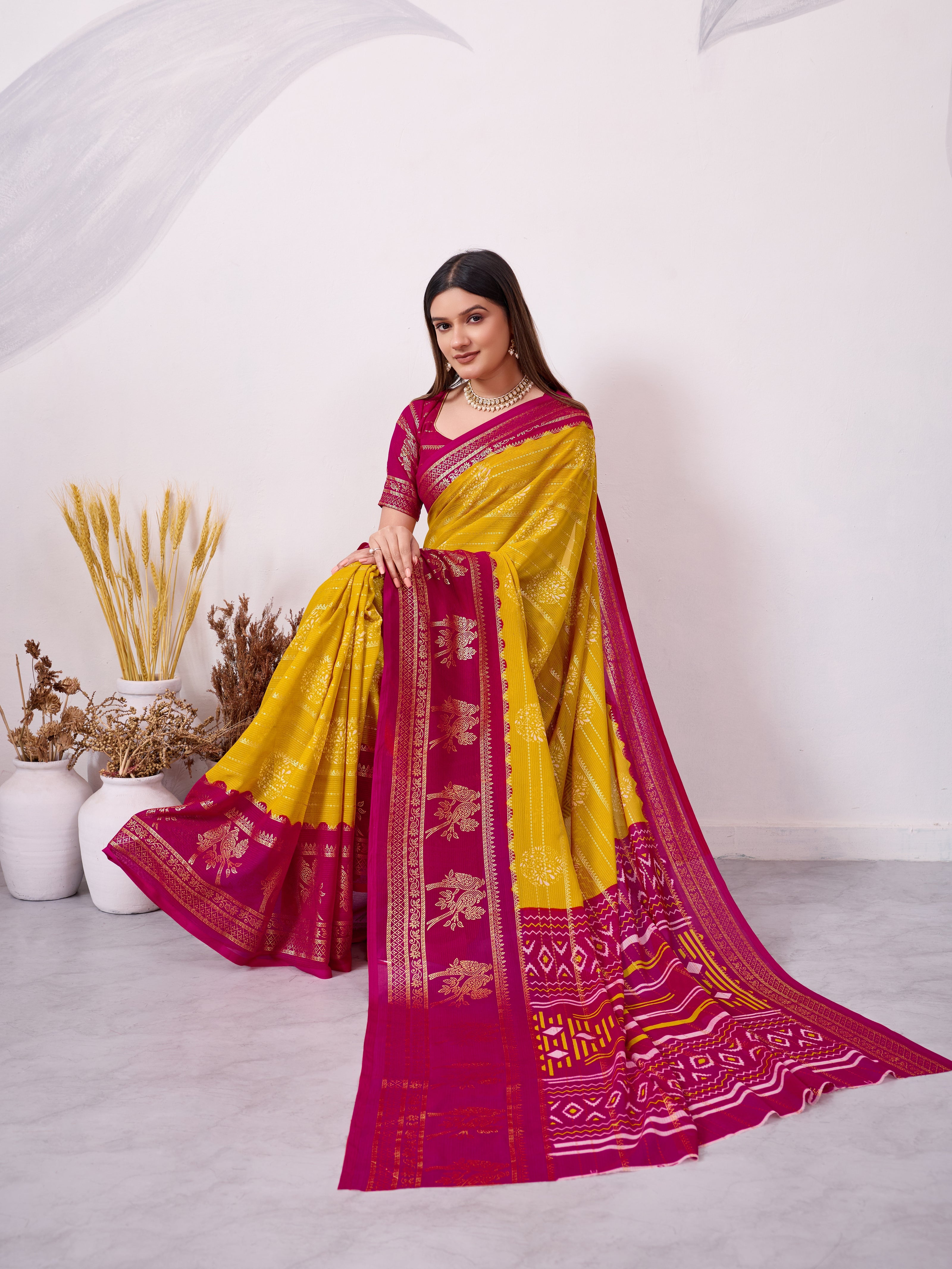 Elegant Printed Saree with Contrast Magenta Pallu