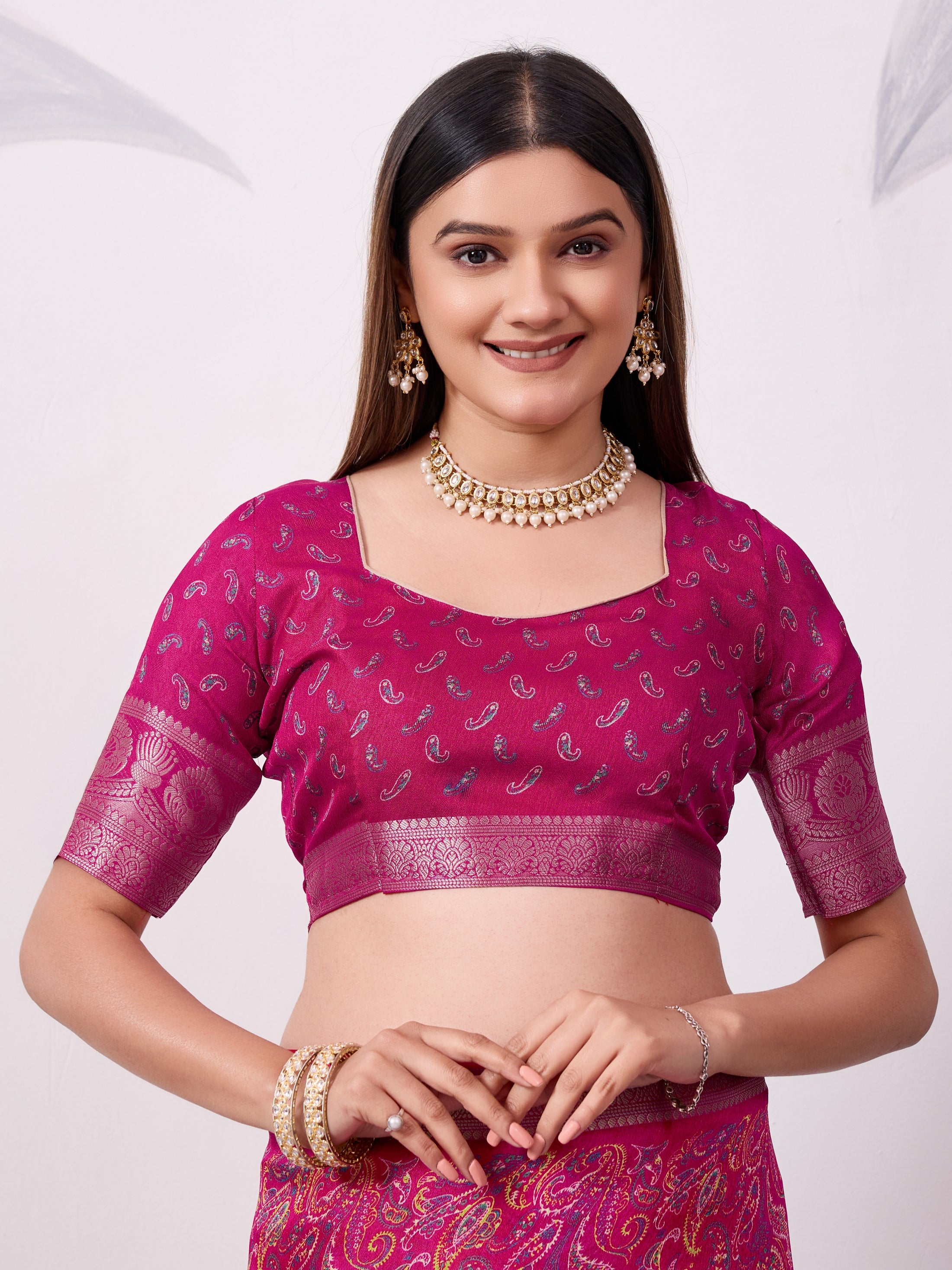 Elegant Printed Saree with Traditional Woven Border.