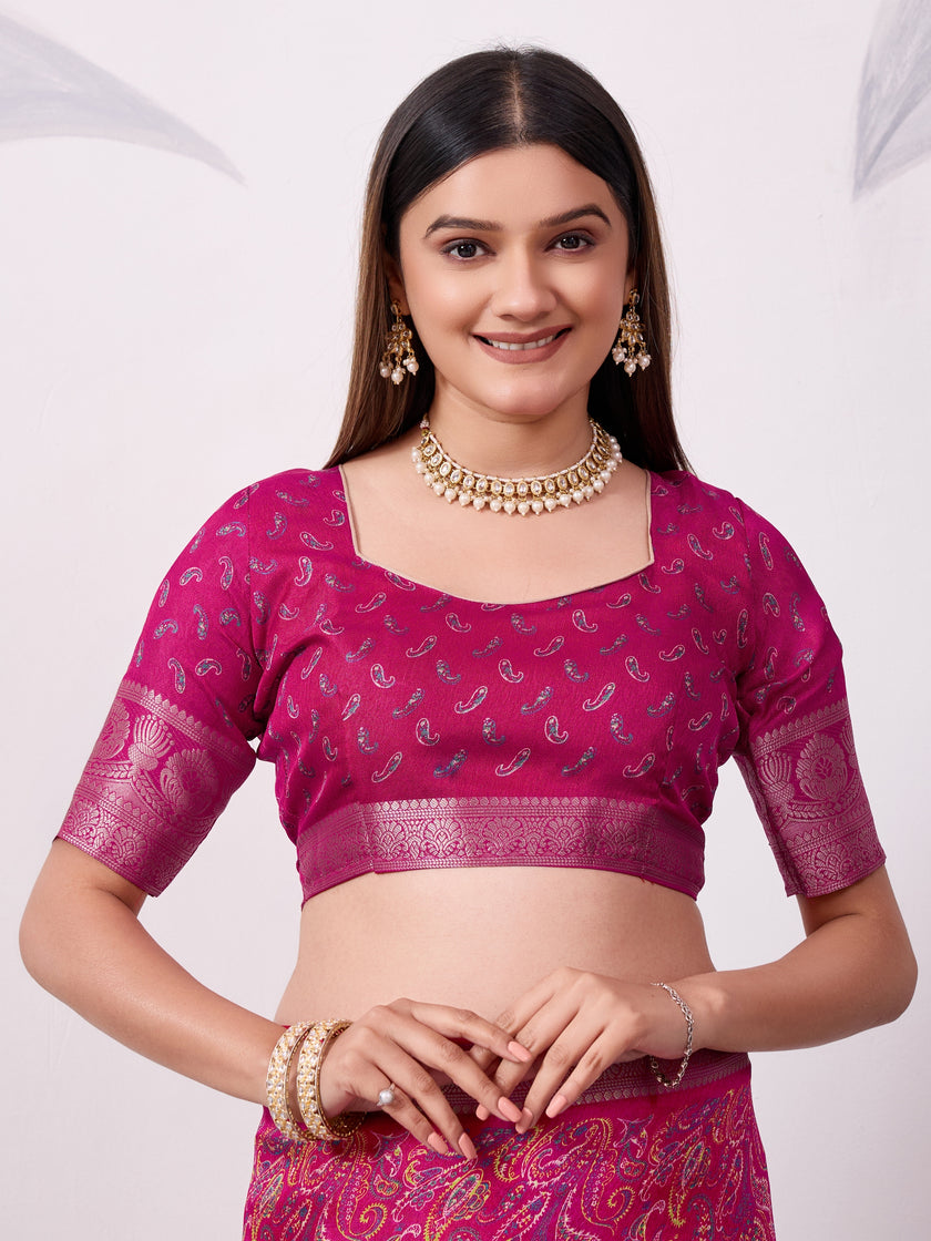 Elegant Printed Saree with Traditional Woven Border.