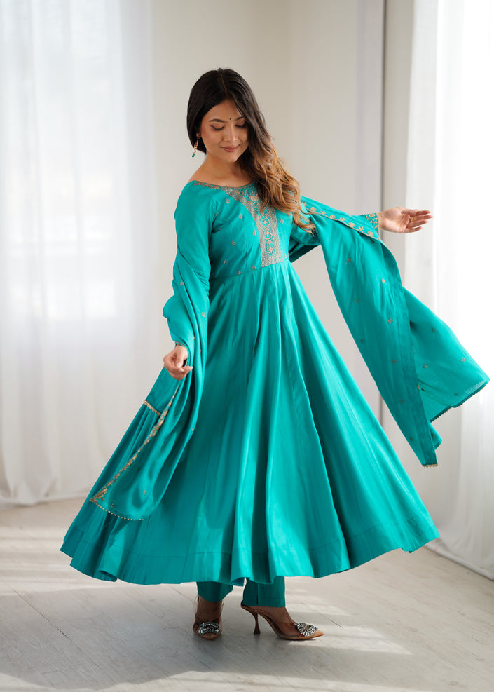 Teal Blue Embroidered Anarkali Kurta Set with Elegant Dupatta for Women.