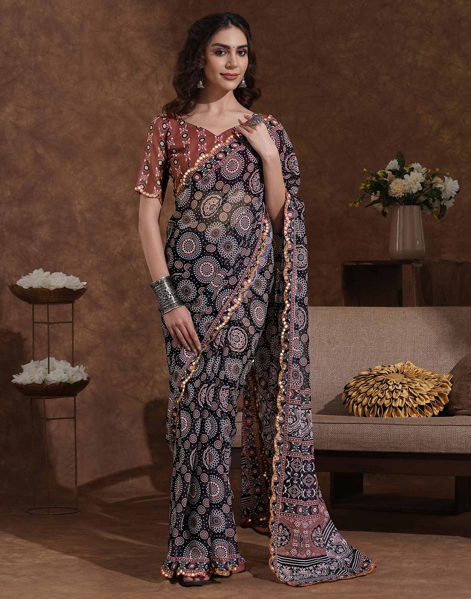 Women’s Ajrakh print saree with rust  blouse, ethnic geometric motifs and traditional Indian craftsmanship