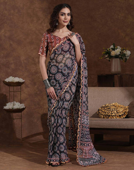 Women’s Ajrakh print saree with rust  blouse, ethnic geometric motifs and traditional Indian craftsmanship
