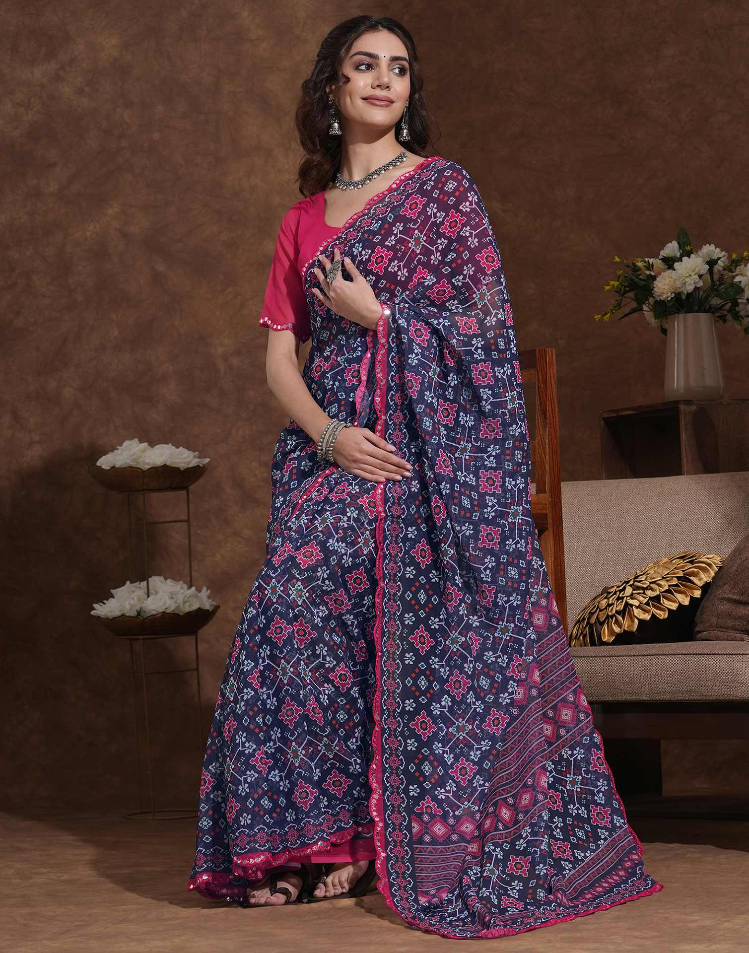 Women’s Ajrakh print saree with rust  blouse, ethnic geometric motifs and traditional Indian craftsmanship