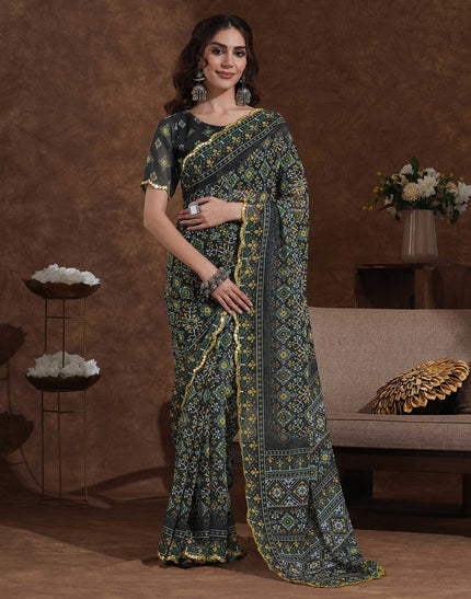 Women’s Ajrakh print saree with rust  blouse, ethnic geometric motifs and traditional Indian craftsmanship