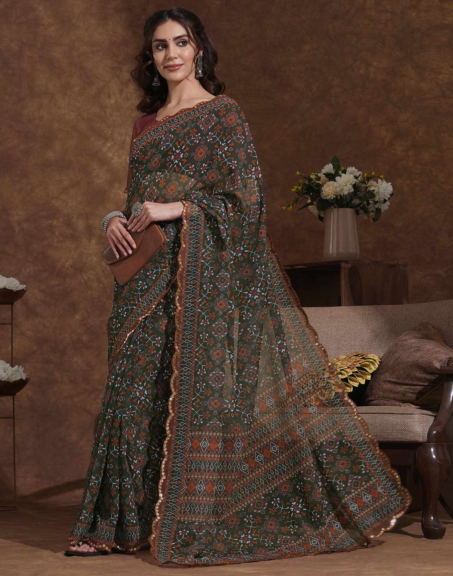 Women’s Ajrakh print saree with rust  blouse, ethnic geometric motifs and traditional Indian craftsmanship