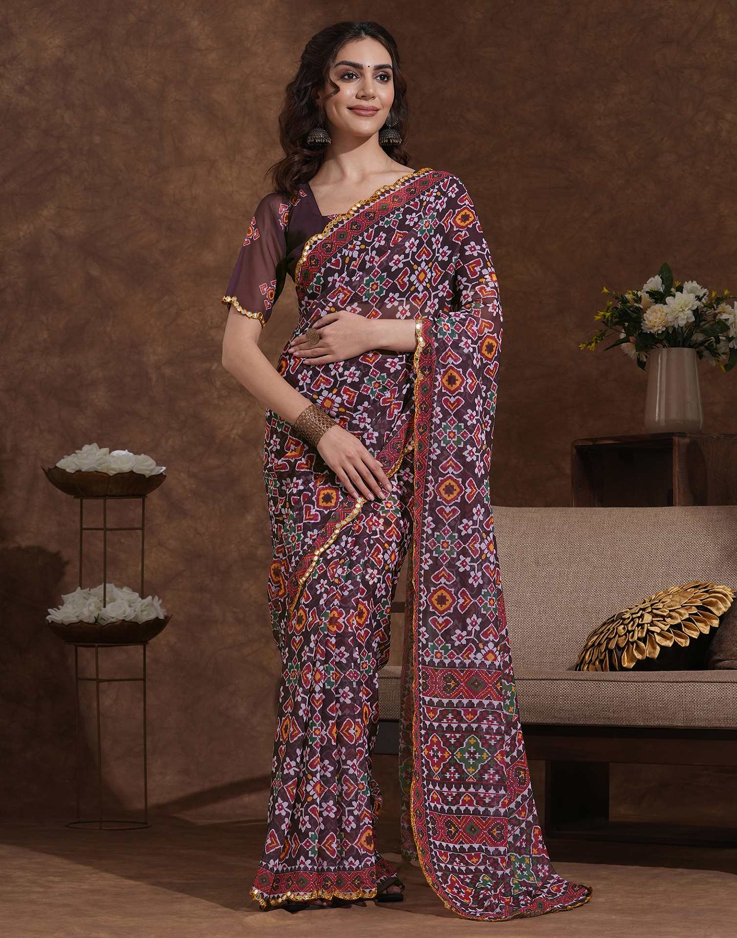 Women’s Ajrakh print saree with rust  blouse, ethnic geometric motifs and traditional Indian craftsmanship