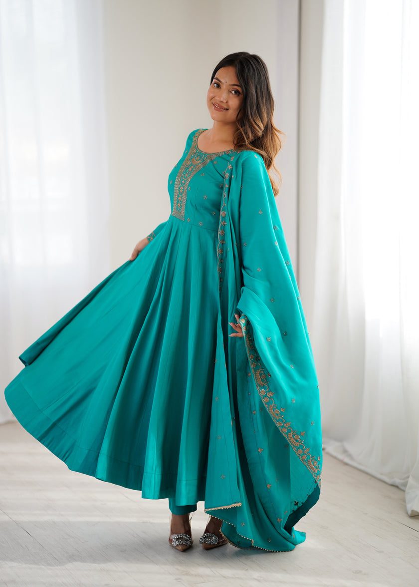 Teal Blue Embroidered Anarkali Kurta Set with Elegant Dupatta for Women.