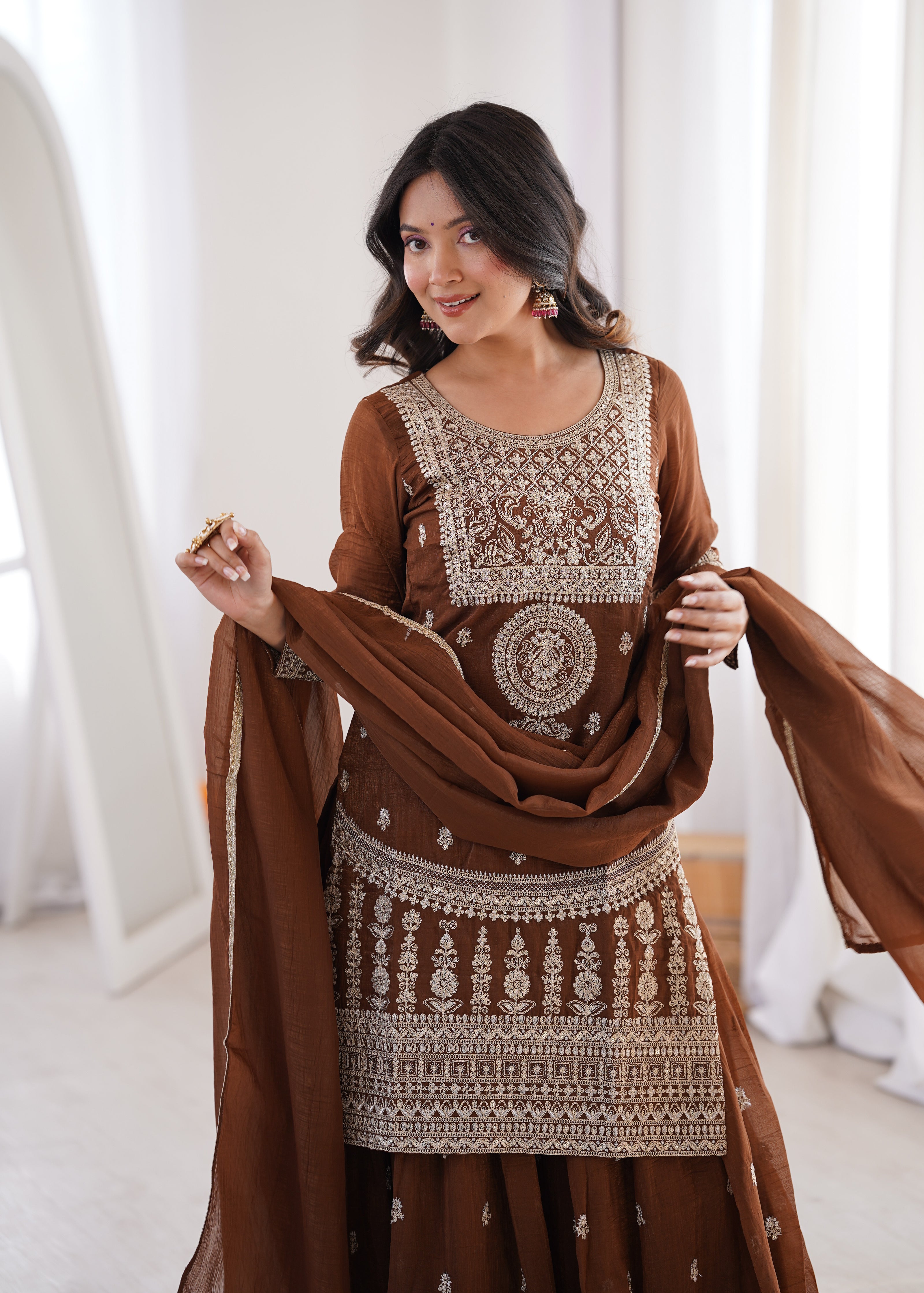 Designer Chocolate Brown Ethnic Kurta Set with Sharara & Dupatta.