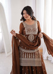 Designer Chocolate Brown Ethnic Kurta Set with Sharara & Dupatta.