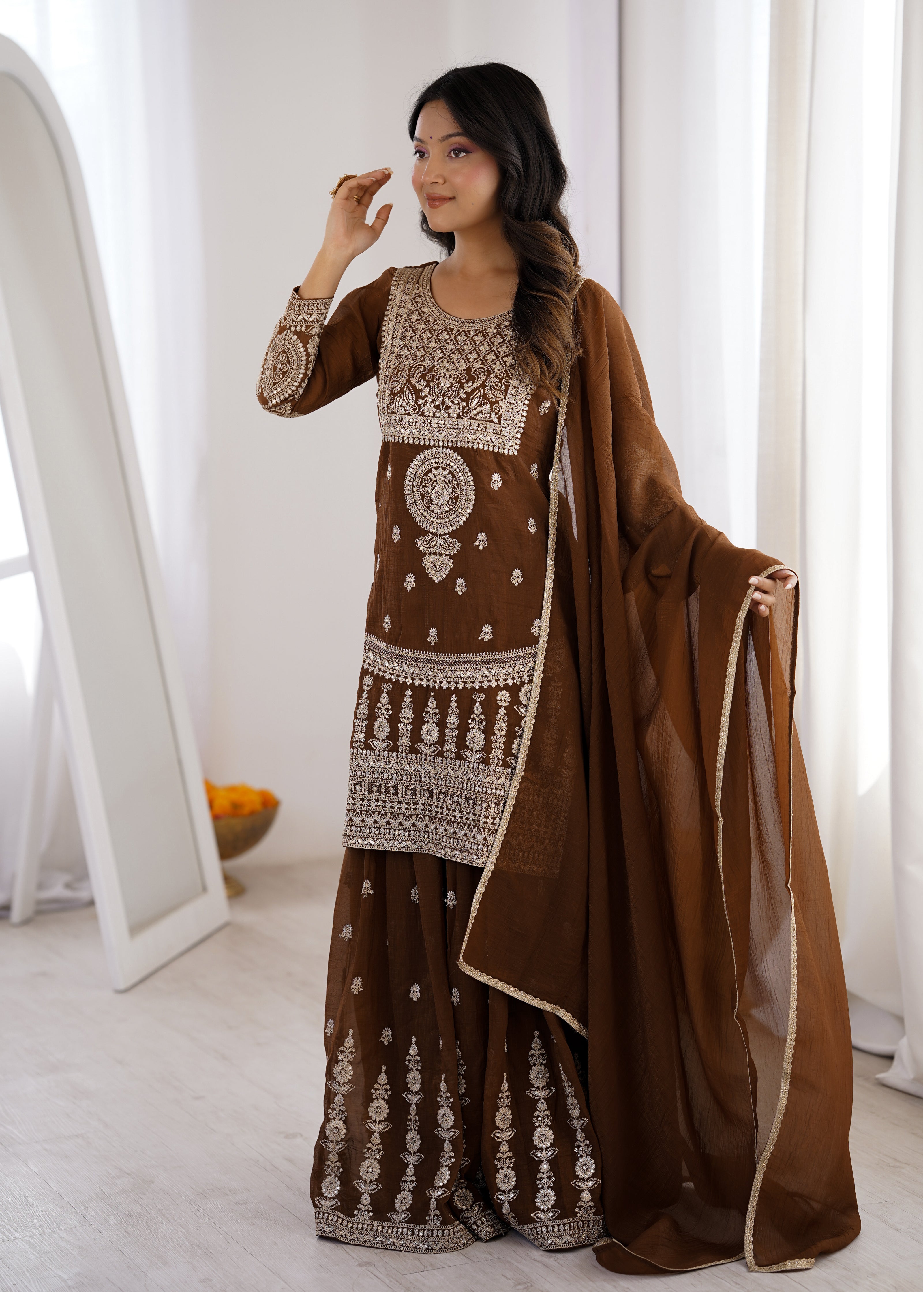 Designer Chocolate Brown Ethnic Kurta Set with Sharara & Dupatta.