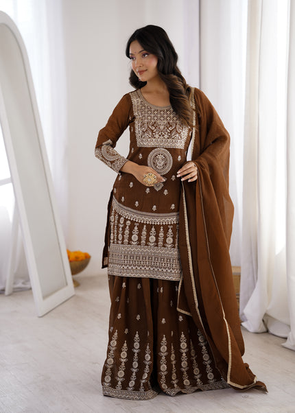 Designer Chocolate Brown Ethnic Kurta Set with Sharara & Dupatta.