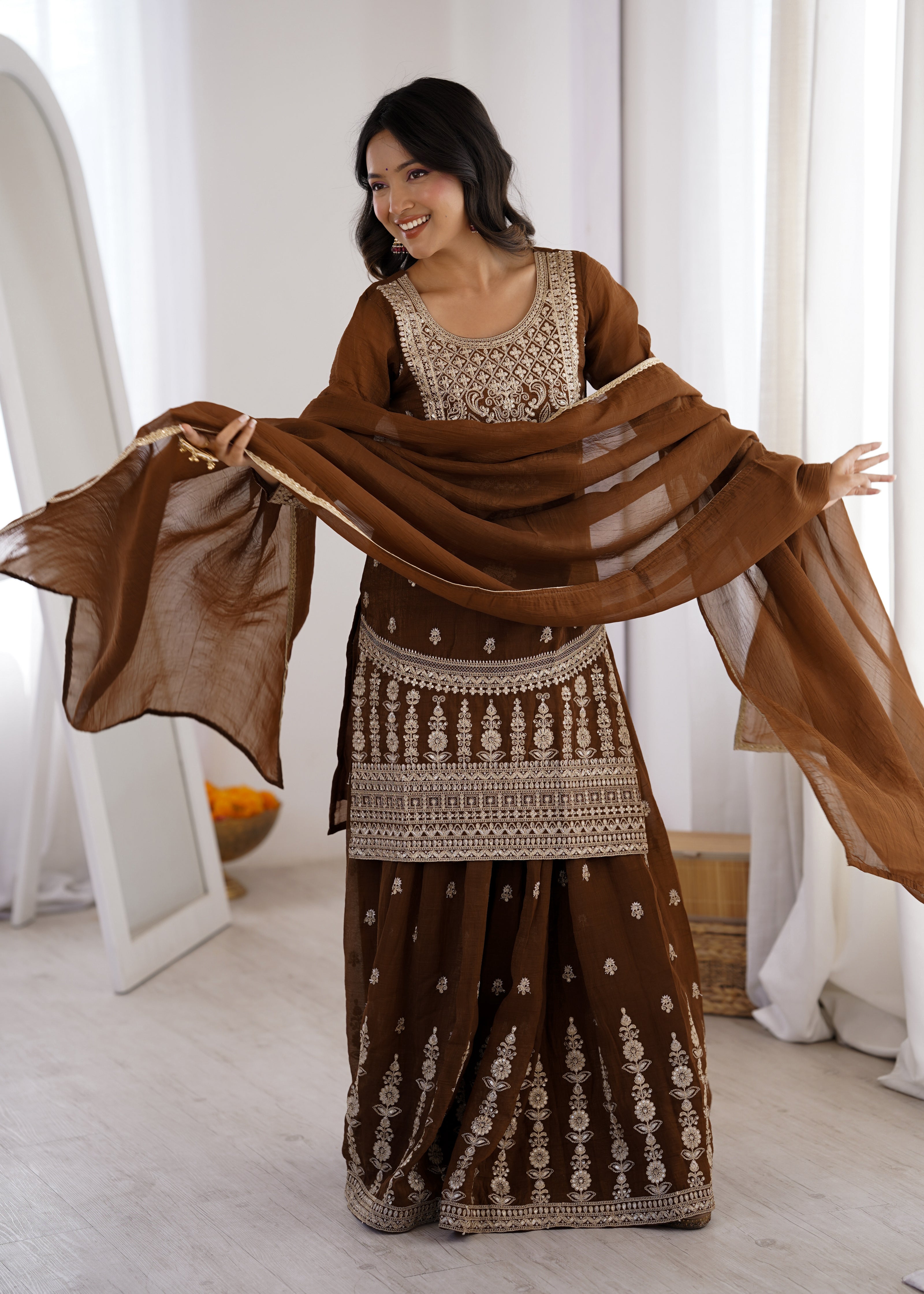 Designer Chocolate Brown Ethnic Kurta Set with Sharara & Dupatta.