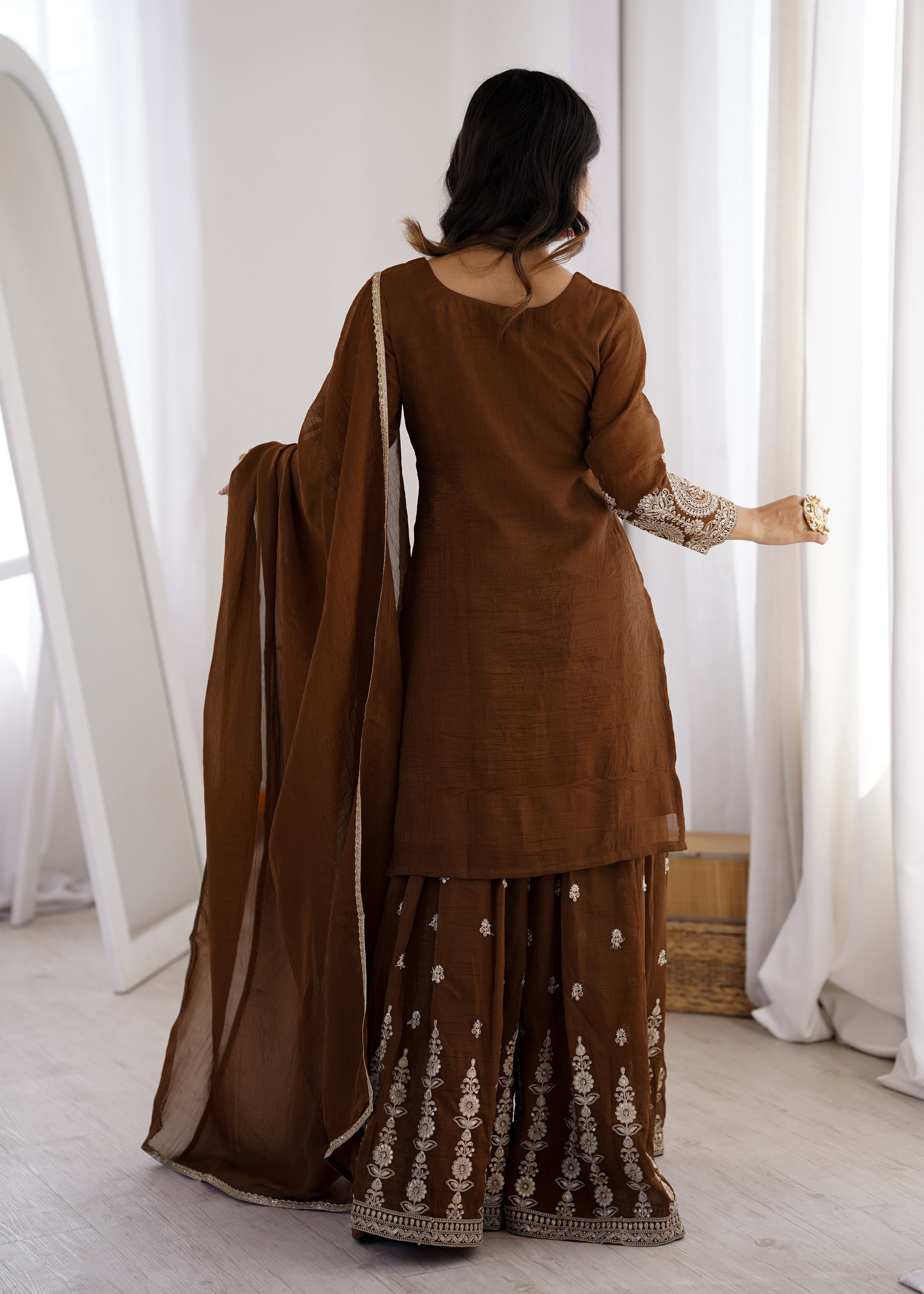 Designer Chocolate Brown Ethnic Kurta Set with Sharara & Dupatta.
