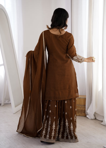 Designer Chocolate Brown Ethnic Kurta Set with Sharara & Dupatta.