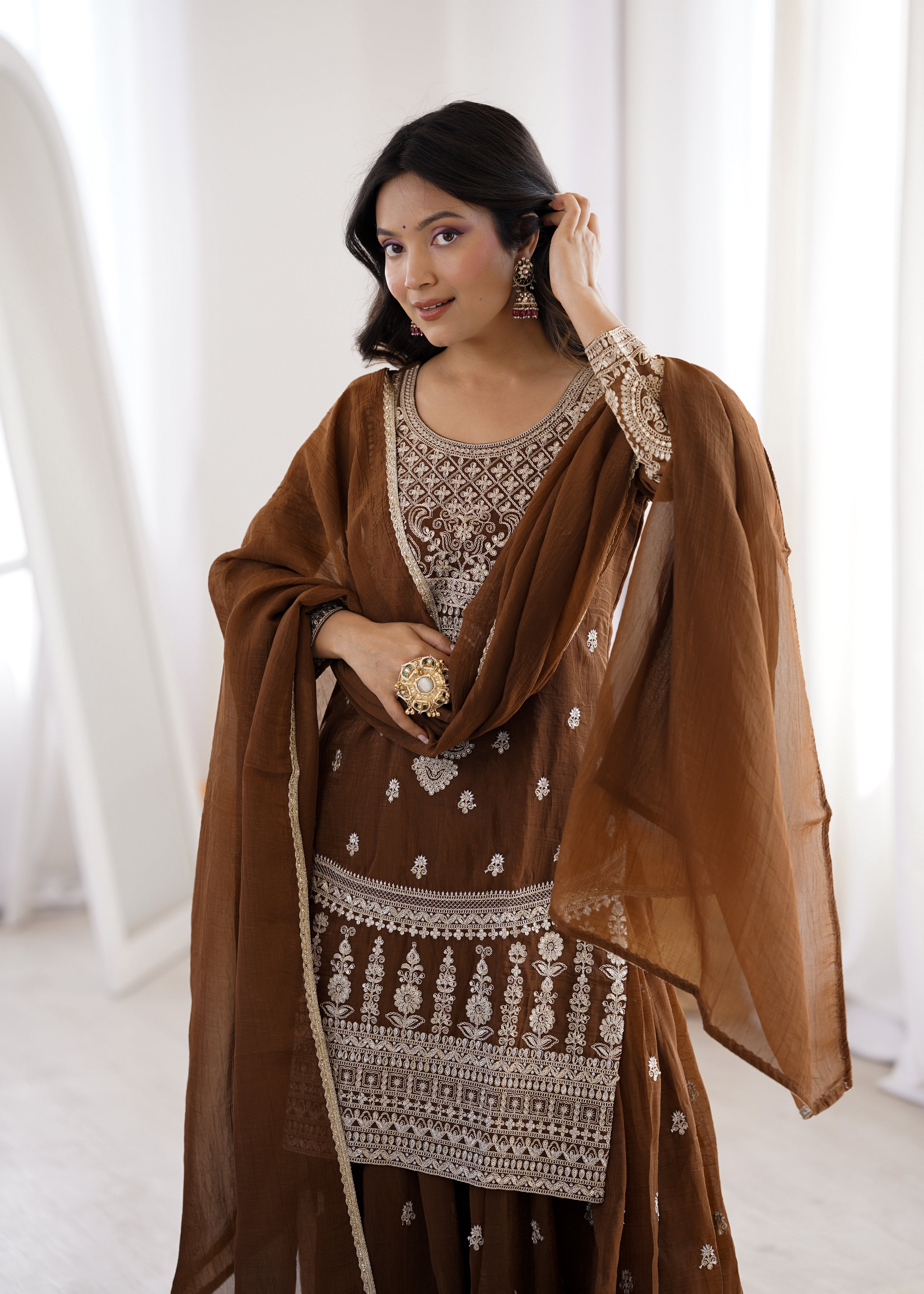 Designer Chocolate Brown Ethnic Kurta Set with Sharara & Dupatta.