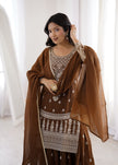 Designer Chocolate Brown Ethnic Kurta Set with Sharara & Dupatta.