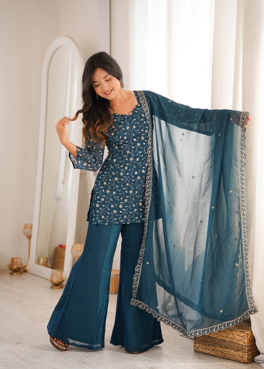 Stylish Party Wear Kurta Palazzo Set with Chiffon Dupatta.