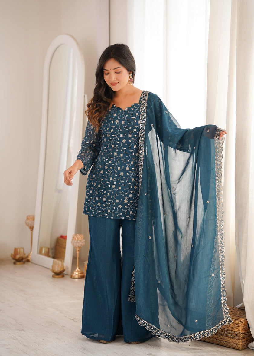 Stylish Party Wear Kurta Palazzo Set with Chiffon Dupatta.
