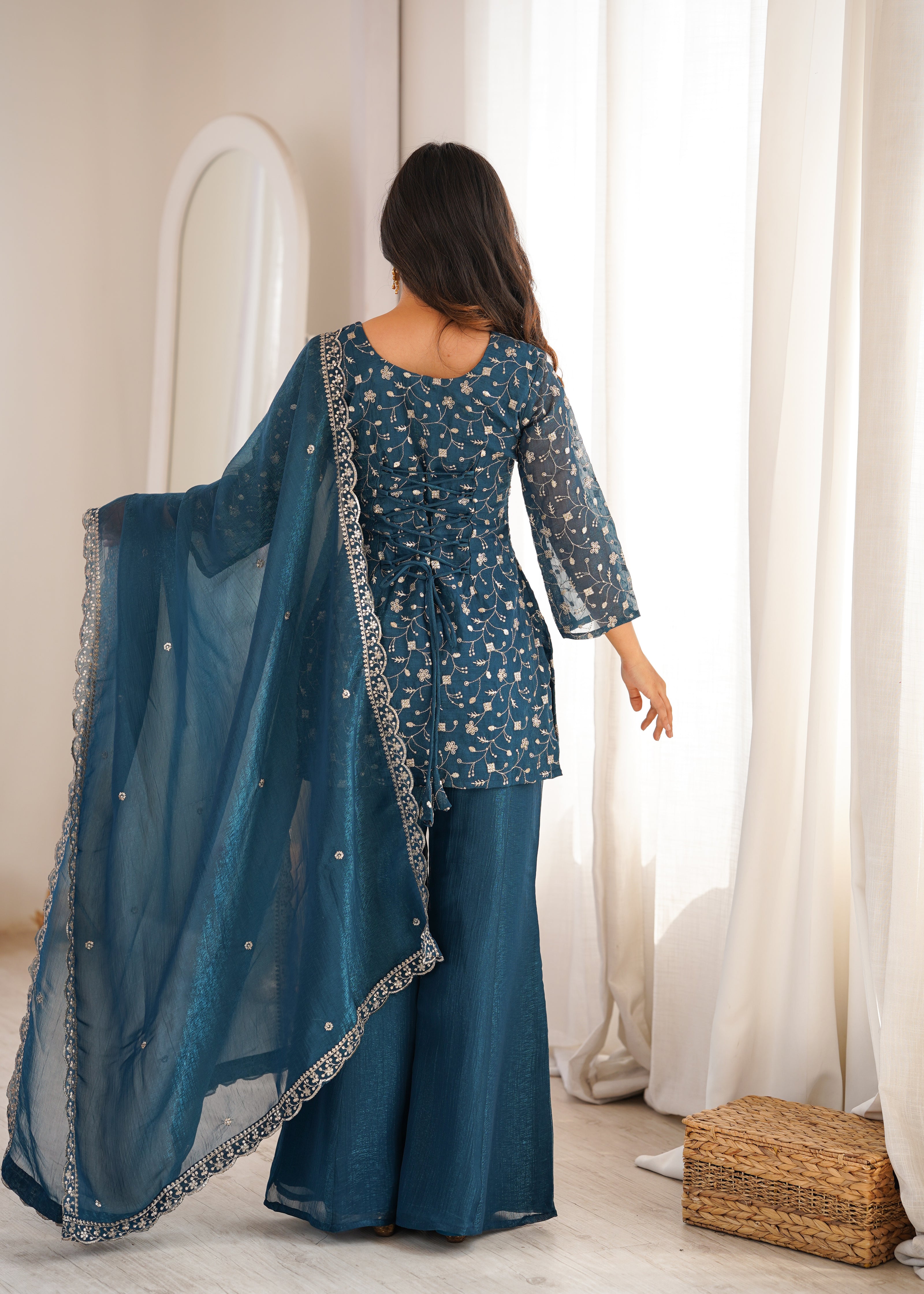 Stylish Party Wear Kurta Palazzo Set with Chiffon Dupatta.